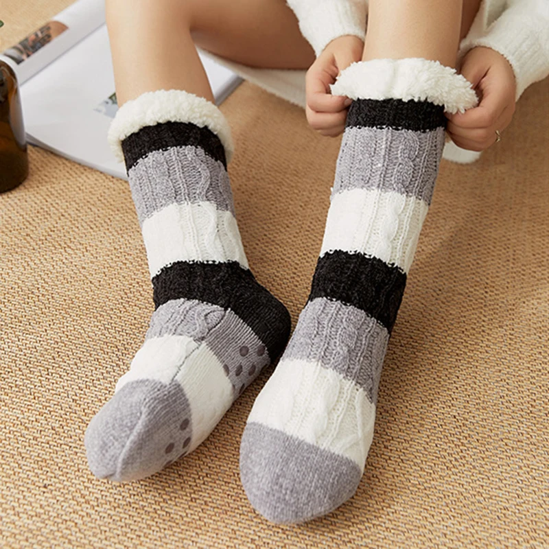 

Women's Winter Warm Socks Thick Indoor Floor Socks Anti-Slip Slippers Knitted Hosiery Fleece Lined Plush Floor Socks Woman Sox