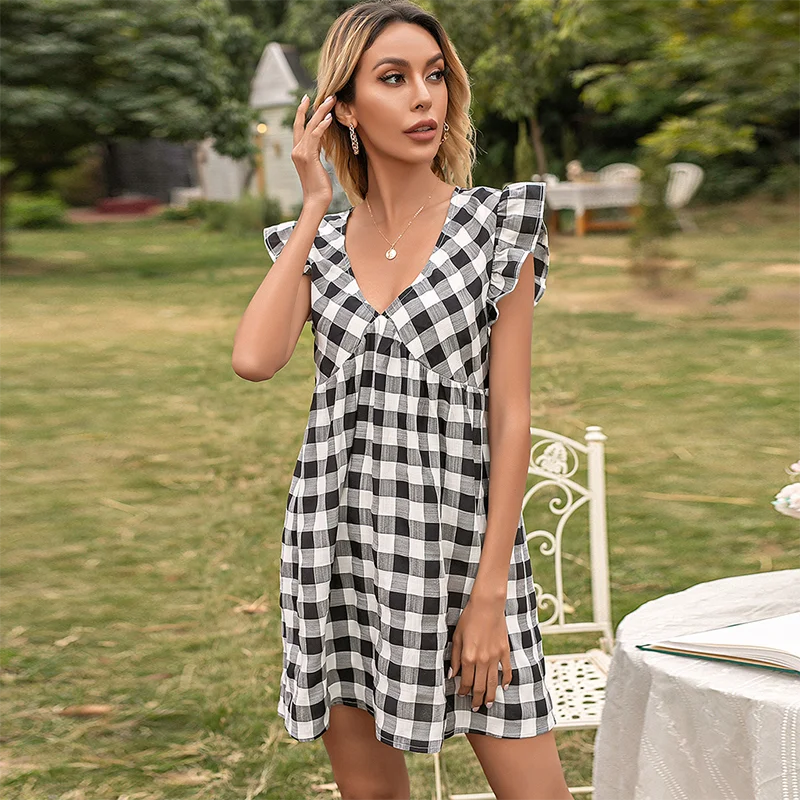

2021 Summer New Style Home Casual Bohemian Ladies Plaid Lotus Leaf Sleeve V-neck Mini Dress High Waist Loose Hem A-line Skirt
