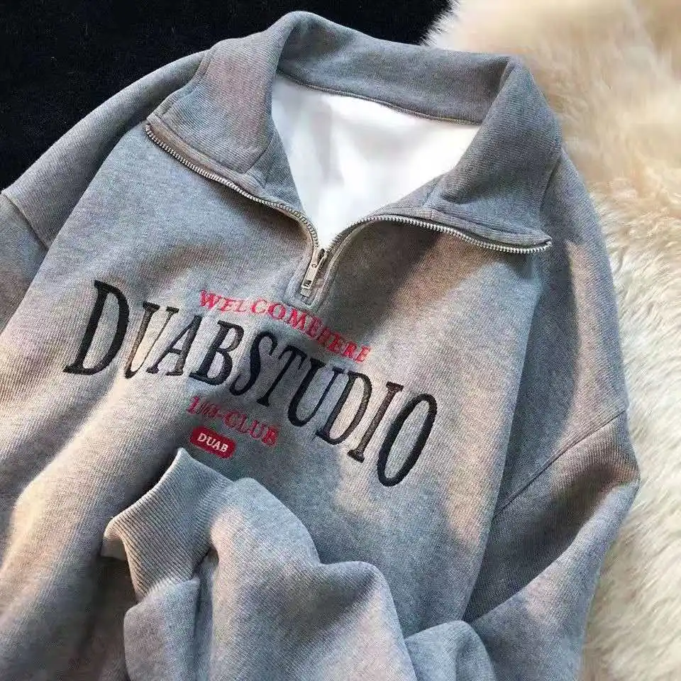 

Gray Letter Embroidery Zip Up Hoodie Women O Neck Pullover Oversized Sweatshirt Female Vintage American Casual Streetwear Autumn