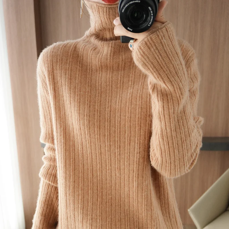 

100% Cashmere and Wool Sweater Autumn/Winter 2021 New Women's High collar Pullover Casual Long-sleeved Knitted Tops Jacket Warm