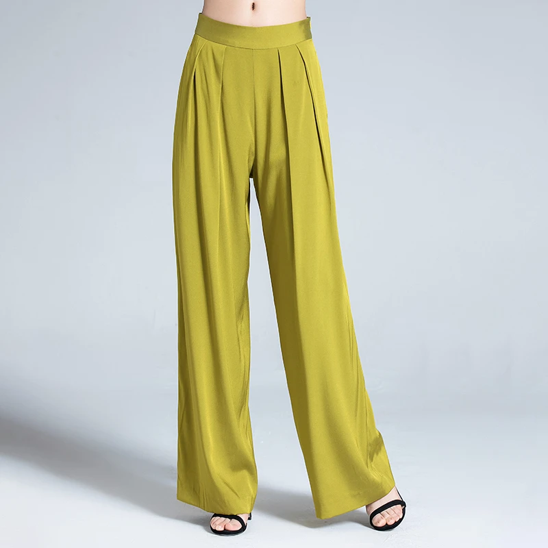 High Waist Solid Casual Style 95% Silk Drape Loose High Waist Wide Leg Pants Women Summer Englent New Fashion