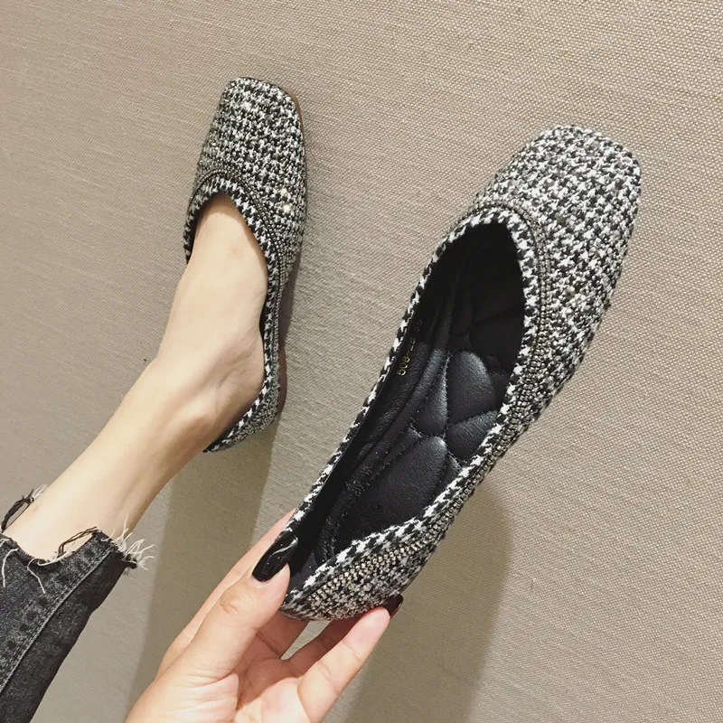 Балетки женские с пайетками холщовые туфли на плоской подошве квадратный носок