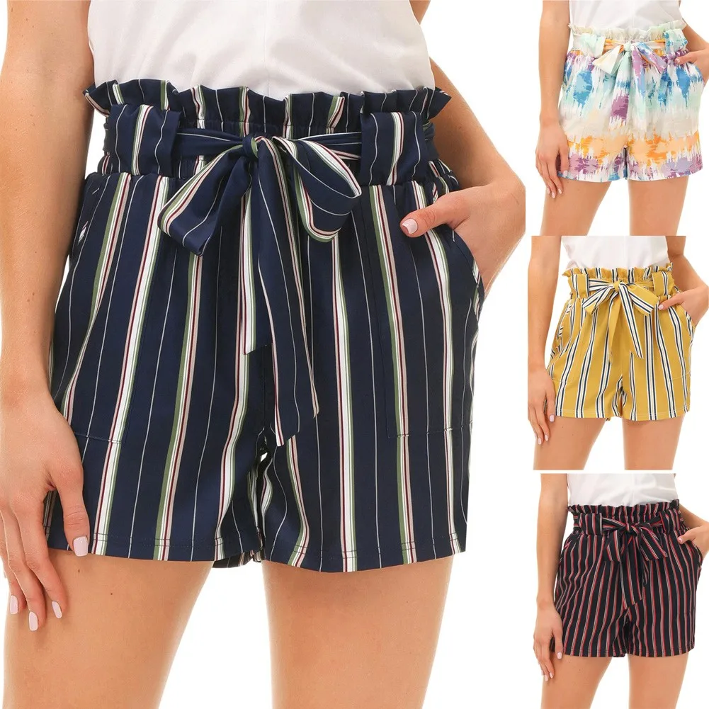 

Summer Beach Party Clothing Shorts Women Striped Belted Ruffled Elastic High Waist Casual Streetwear Shorts Hot Pants