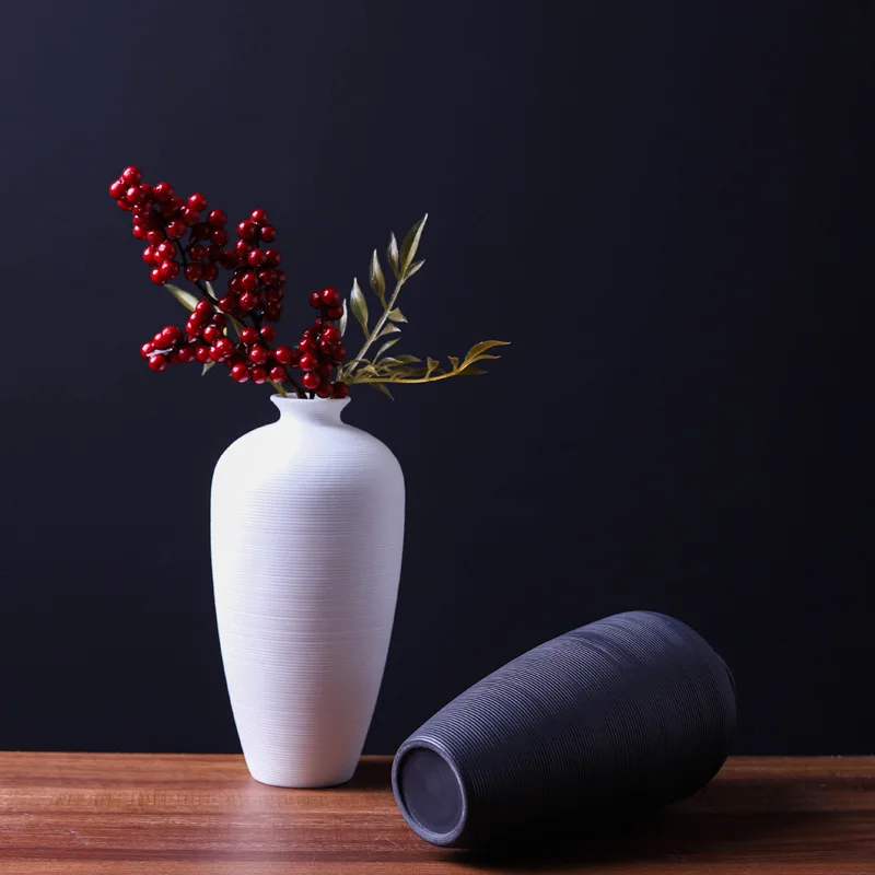 

Retro Home Decoration 21cm High Horizontal Stripes Simple Ceramic Vase Living Room Restaurant Hotel Luxury Interior Decorations
