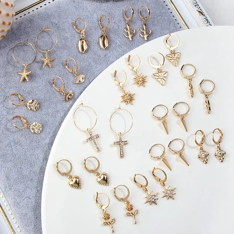 

JUST FEEL New Tiny Hoop Earrings For Women Gold Color Cartilage Hoop Earrings Jewelry Heart Cross Star Triangle Charm Earrings