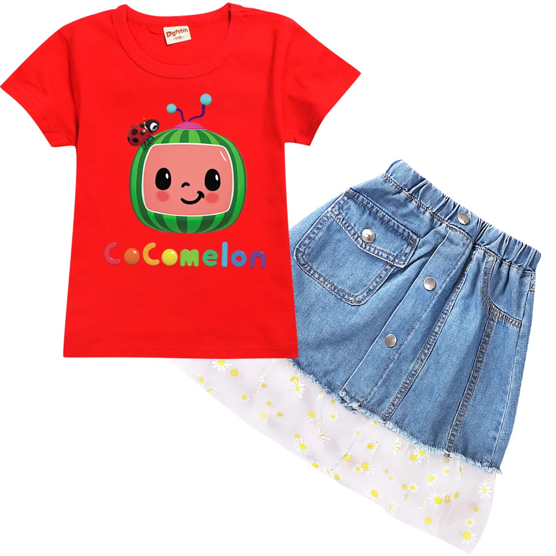 

2-14Y 2021 Summer Toddler Girls Clothing Sets Kids Cocomelon T Shirt Jeans Skirt 2pcs Sets Children's Clothing Boutique Outifts