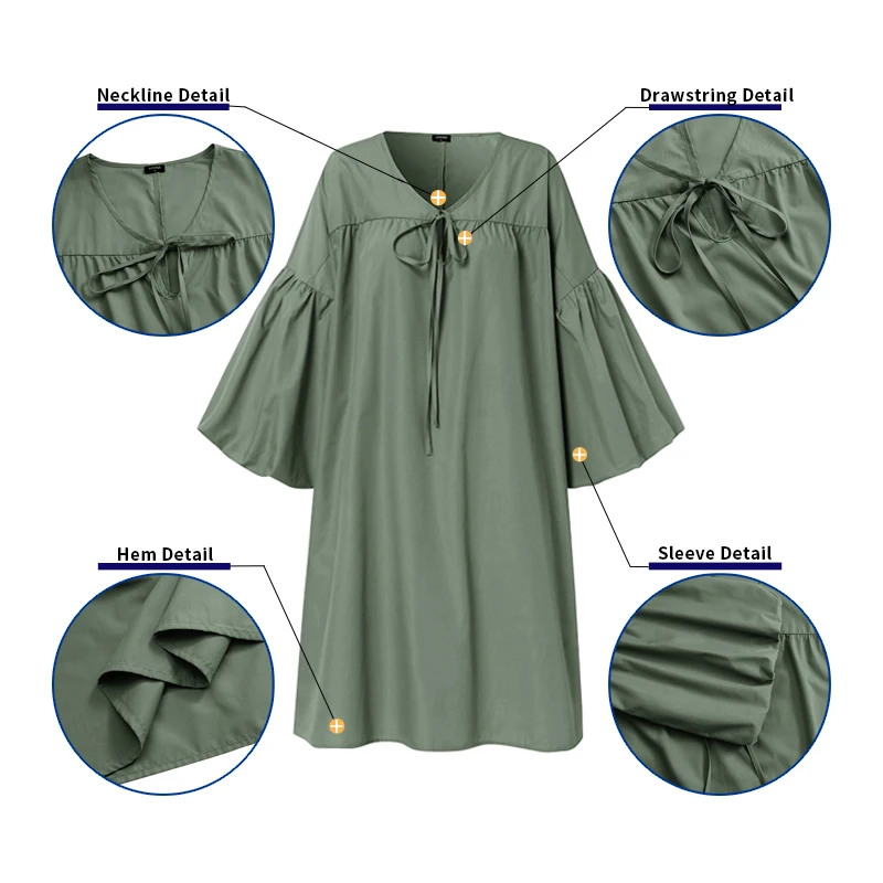 

Women Puff Sleeve Party Dress Holiday Summer Sundress 2021 VONDA Vintage Three Quarter Sleeve Mini Dress Plus Size Vestidos