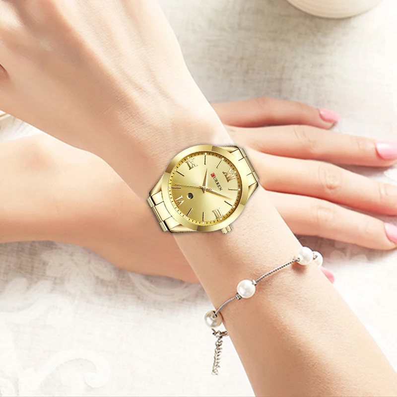 curren new fashion top brand womens watches stainless steel gold clock hot selling ladies quartz elegant wristwatch free global shipping