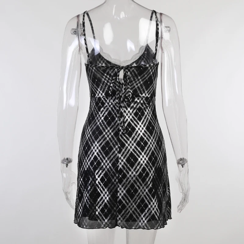 

Girlchic Skinny Stylish With Lace Plaid Backless Bodycon V Neck Sleeveless Hollow Out Slip Dress Lace Up Patchwork Mini Dresses