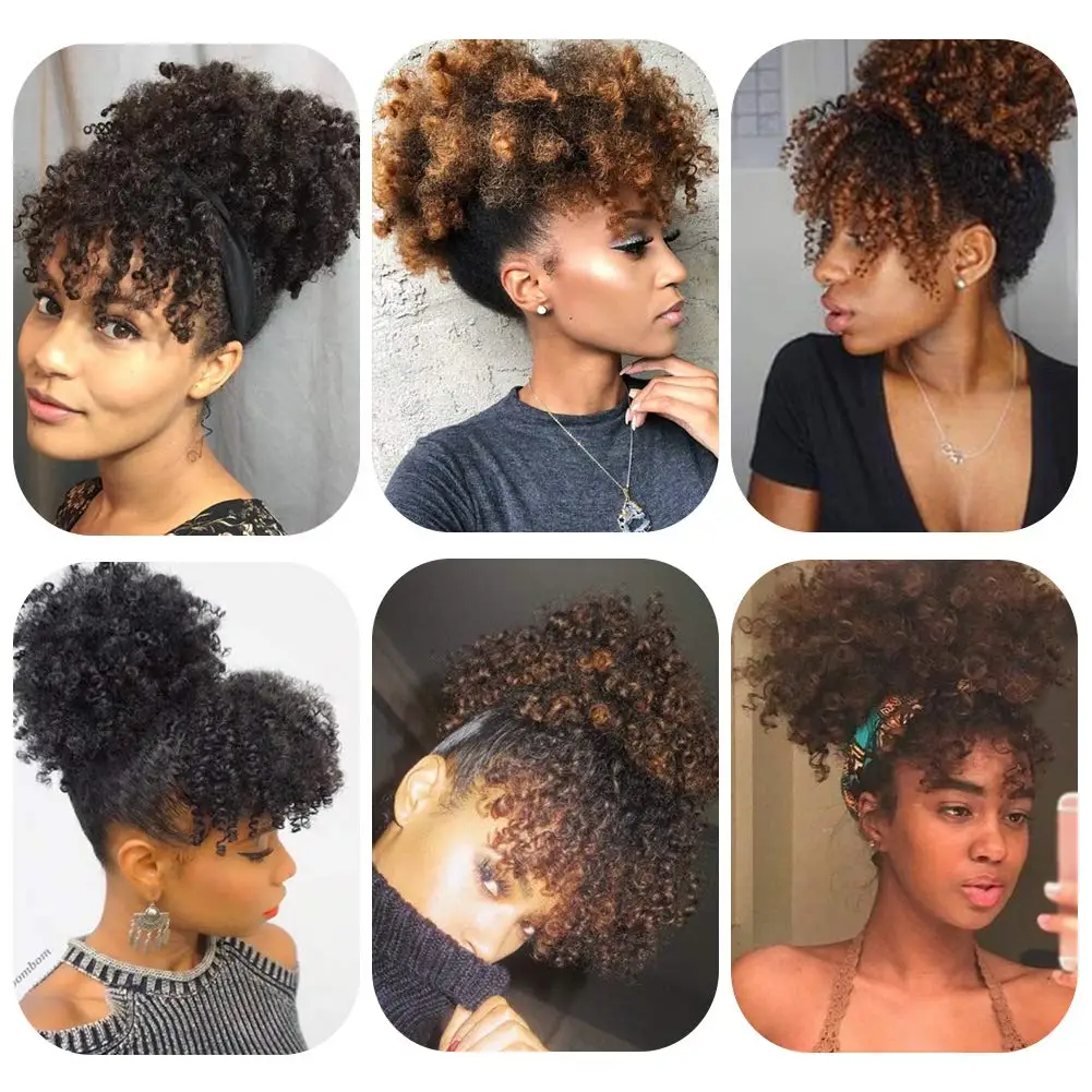 

Afro High Puff Hair Bun Ponytail Drawstring With Bangs Synthetic Short Kinky Curly Pony Tail Clip in on Wrap Updo Hair For Women