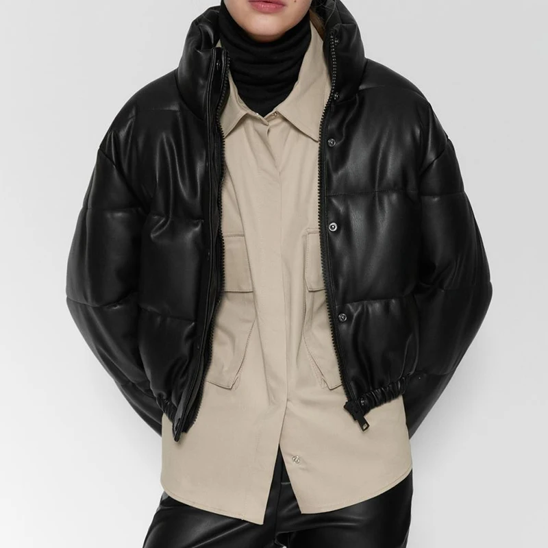 

Women's Winter Coat Korean Loose Stand-up Collar PU Leather Bread Short Long-sleeved White Duck Thicken Fashion Jacket Female