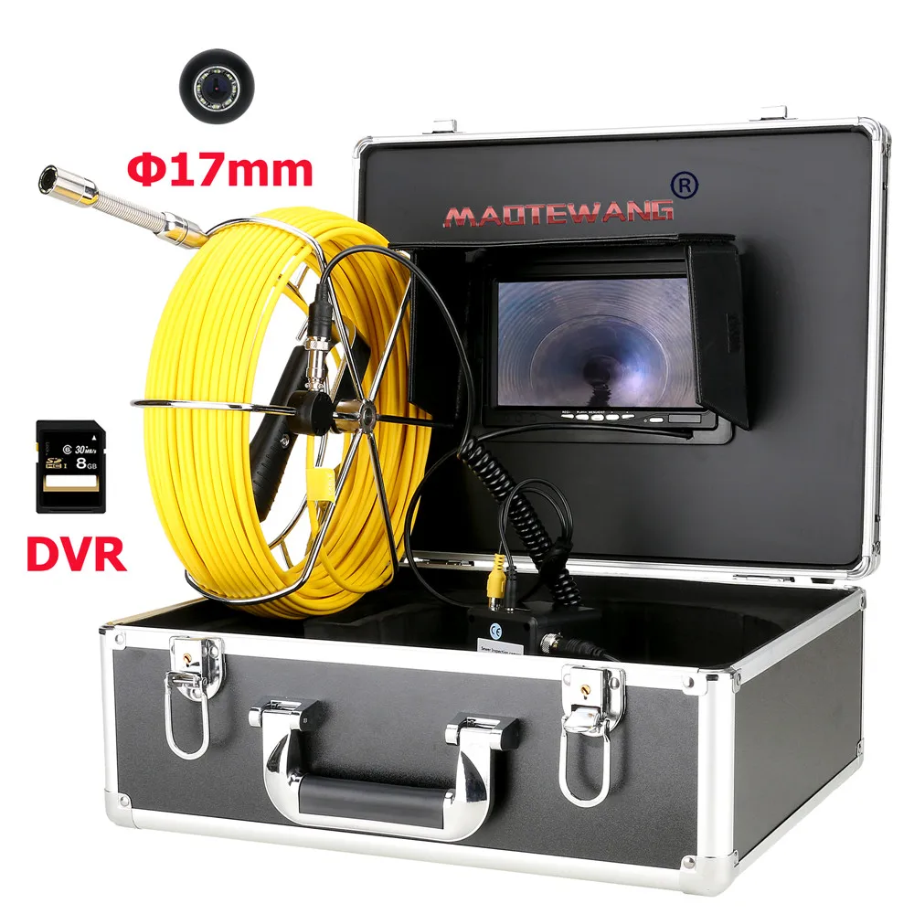 

MAOTEWANG 30M Sewer Pipe Inspection Video Camera, 17mm 8GB SD Card DVR IP68 Drain Sewer Pipeline Industrial Endoscope 7" Monitor