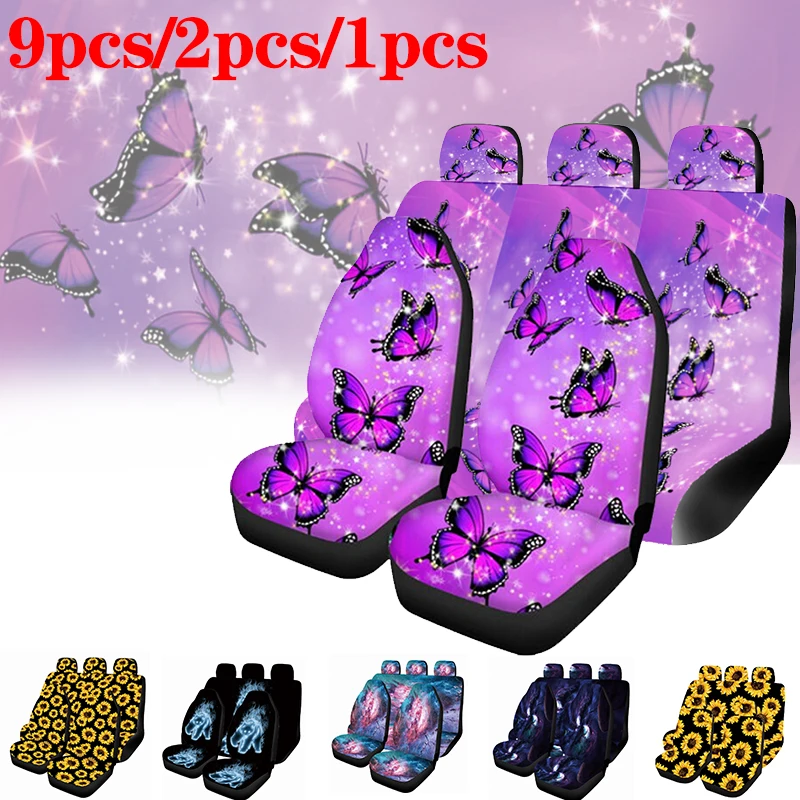 Purple Butterfly Design Cars Seat Covers Full Set Blanket Car Seat Covers, 2pc Front Seat Cover With Split Bench Cover, Full Wr