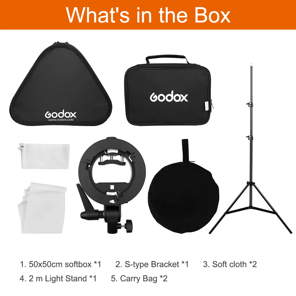 Купить Godox 50x50 см 20x20 дюймов вспышка Speedlite софтбокс + S-образный кронштейн Bowens комплект крепления с 2 м осветительной стойкой для камеры фотографии