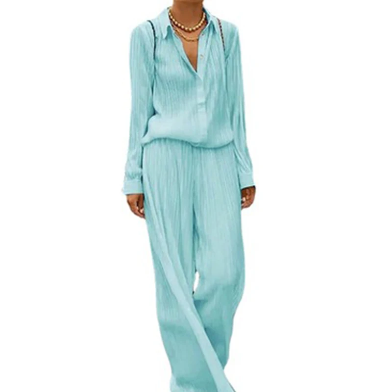

Woman Pant Suits Spring Autumn Loose Two Piece Set Casual Long Sleeve Button Tops Long Pants Outfit Elegant Office Shirt Suits