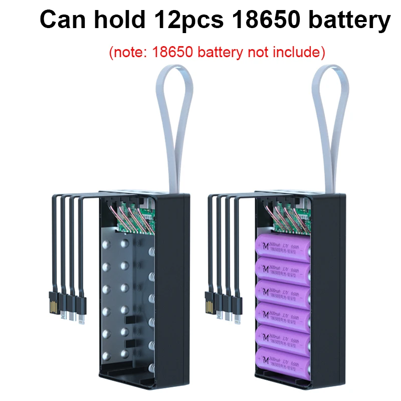 12x18650 Battery Storage Box Built in 4 Cable PD Fast Qi Wireless Charge Power Bank Case 18650 battery Holder Charging Box Shell