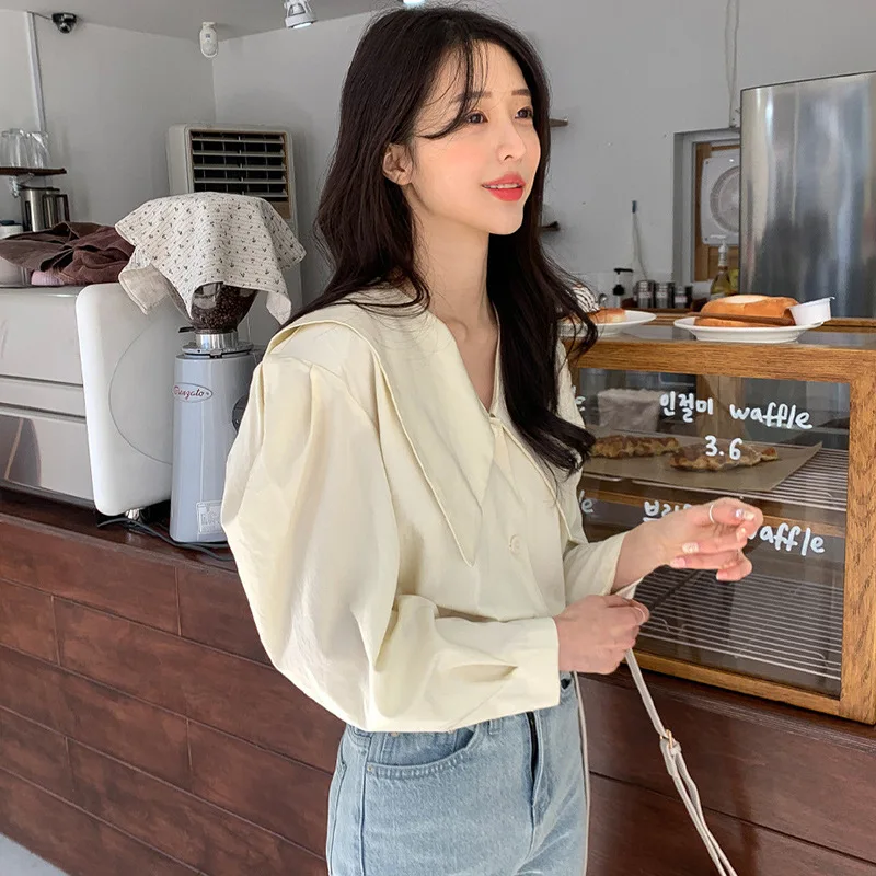 

Korean Chic Spring Gentle Laple Collar Blouse Single Breasted Loose Puff Long Sleeve Solid Color Shirt Women Button Up Top