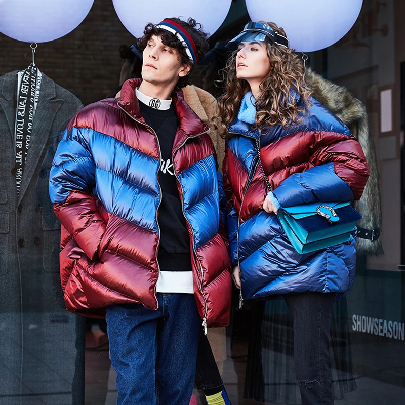 Зимний Большой женский яркий и блестящий материал теплый белый пуховик парки на