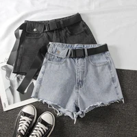 ailegogo new summer women high waist black blue denim shorts casual female hole solid color plus size 2xl jeans shorts with belt