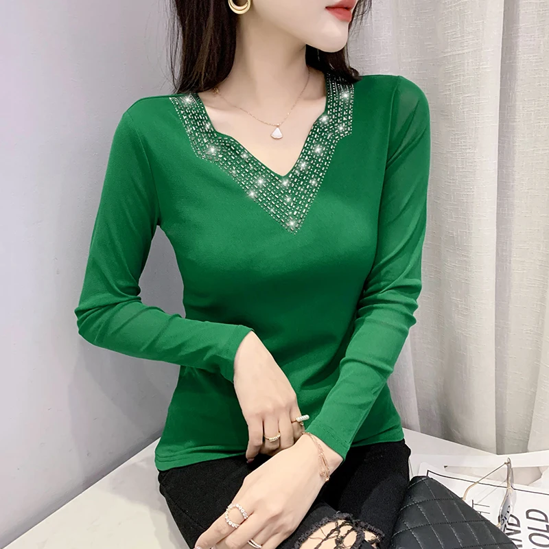 

New 2022 Spring Women's T-Shirt Fashion Casual Solid Color V-Neck Diamond Cotton Tops Elegant Slim Long Sleeve Blusas