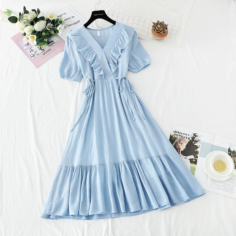 

Cotton and Linen Dress Women Summer 2021 New Style French Retro V-neck Tea Break Women's Calf Dress Temperament Small Dress
