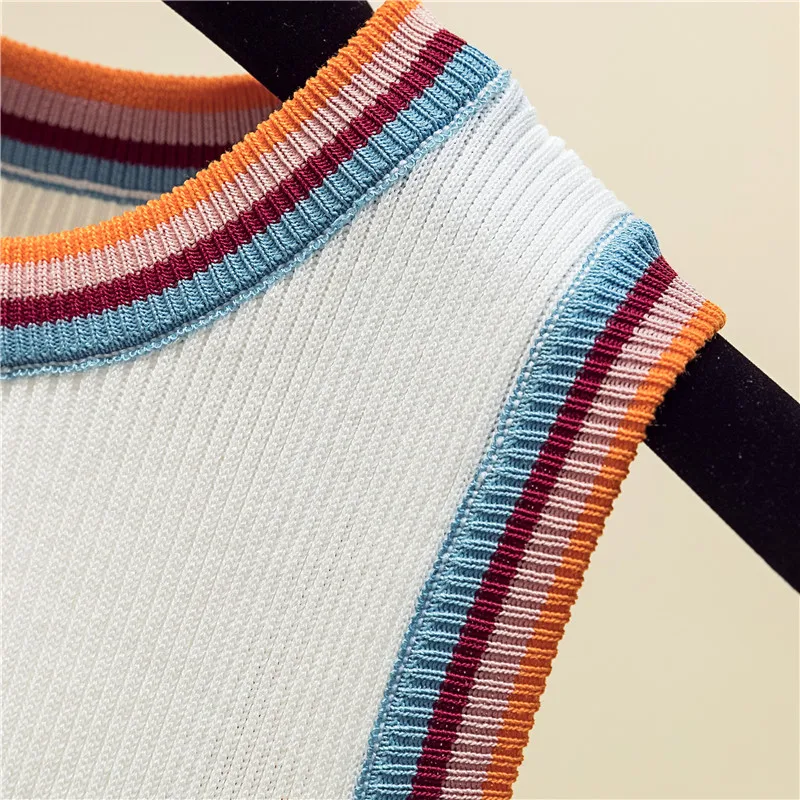 women Striped Color collision knitted vest female lady Girls suspenders waistcoats thin summer ice silk sleeveless Tank Tops