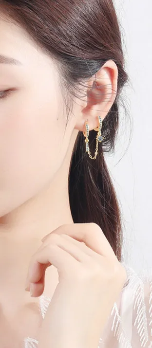 

Two Ear Hole Link Chain Circle Ear Cuff Earrings For Women Gold Silver Color Huggie Double Piercing Hoop Earing Female Brincos