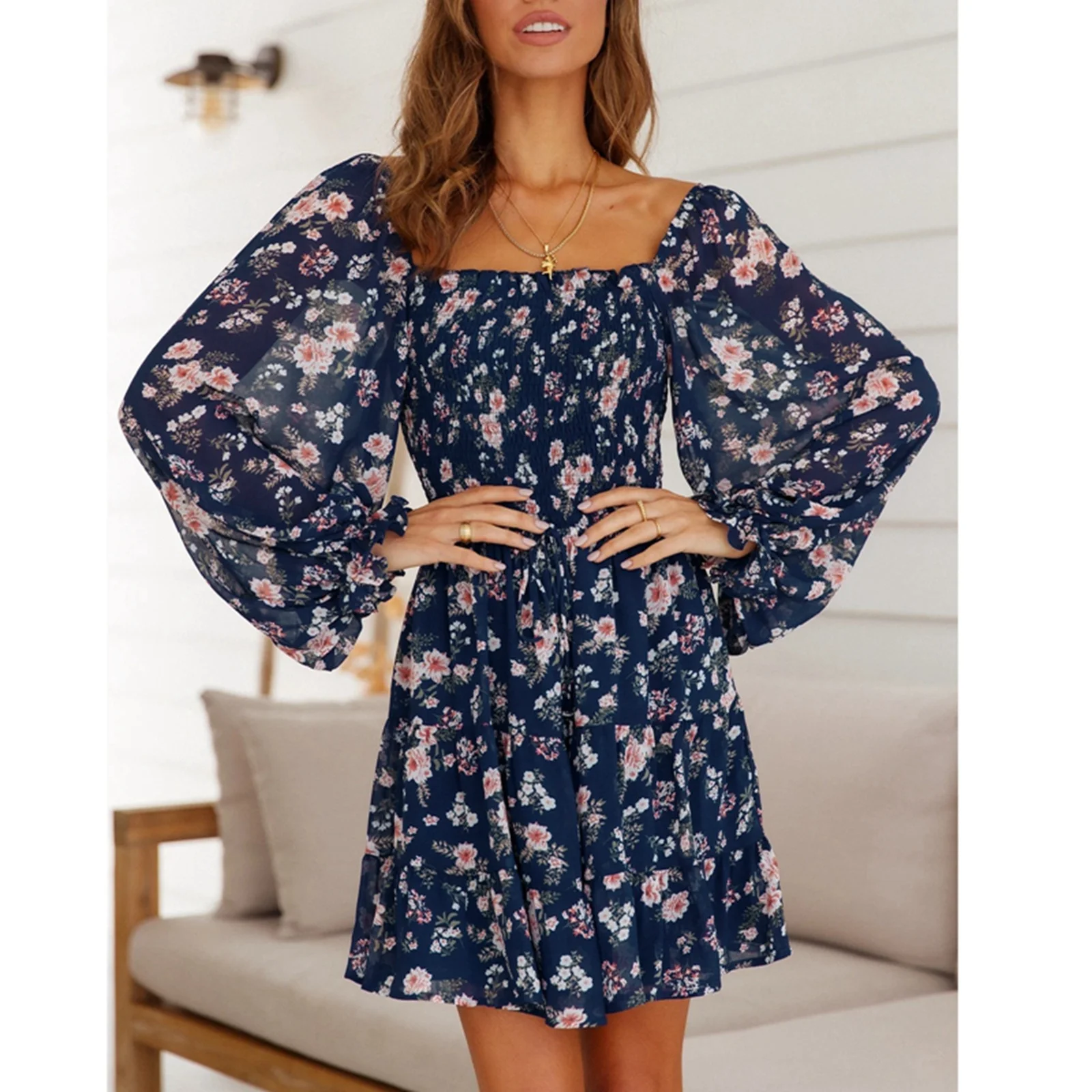 

Autumn Summer Women Floral Printed Pattern Dress Square Collar Long Sleeve Big Hem Skirt 2021