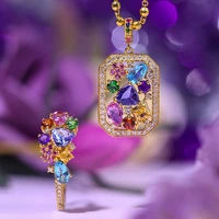 luxury trendy gold plated colorful zircon open rings pendant necklaces for women shine cz stone inlay fashion jewelry party gift