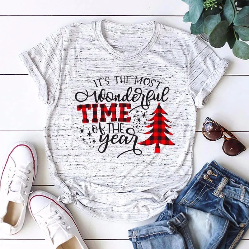 

Women Summer T Shirt 100% Cotton Plus Size 4XL 5XL Christmas Tree Print T Shirt O-Neck Short Sleeve Casual Simple Lady Tee Tops