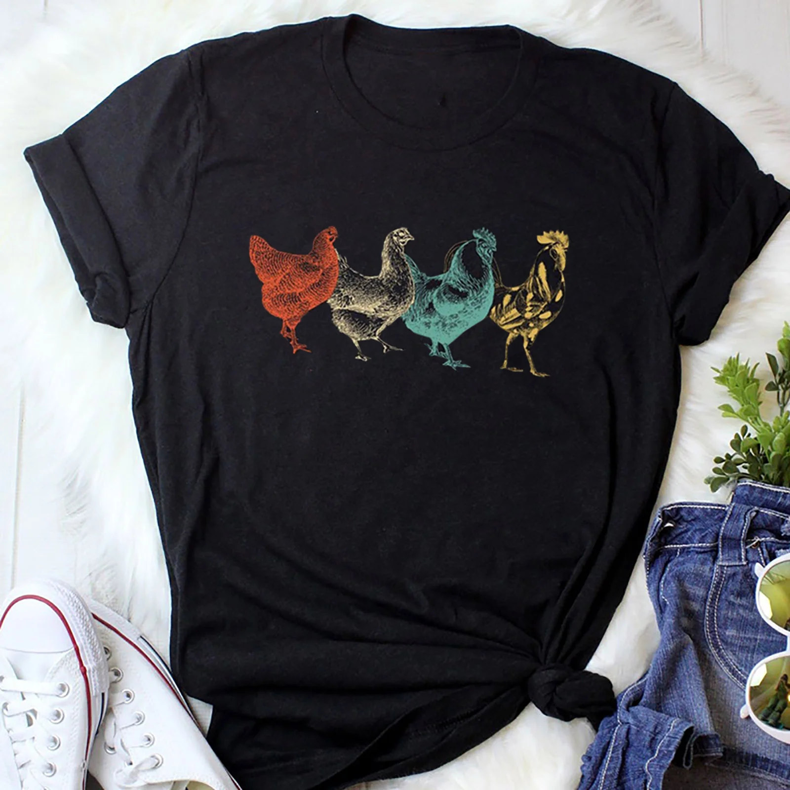 

Hen Chicken Print Funny T Shirt Women Short Sleeve O Neck Loose Tee Tshirt Femme Summer Women Harajuku Shirt Top Camisetas Mujer