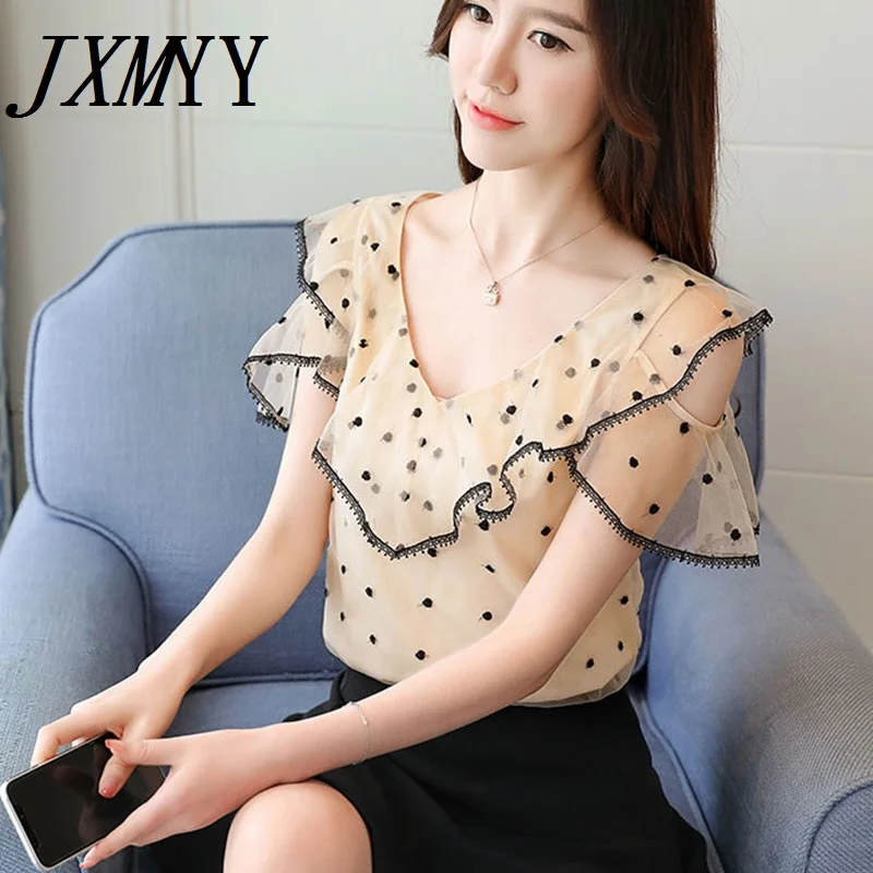 

JXMYY Fashion Ruffled Short Sleeve Top Casual 2021 Women Tops and Blouses Fashion Polka Dot Off Shoulder Shirts Chiffon Blusas