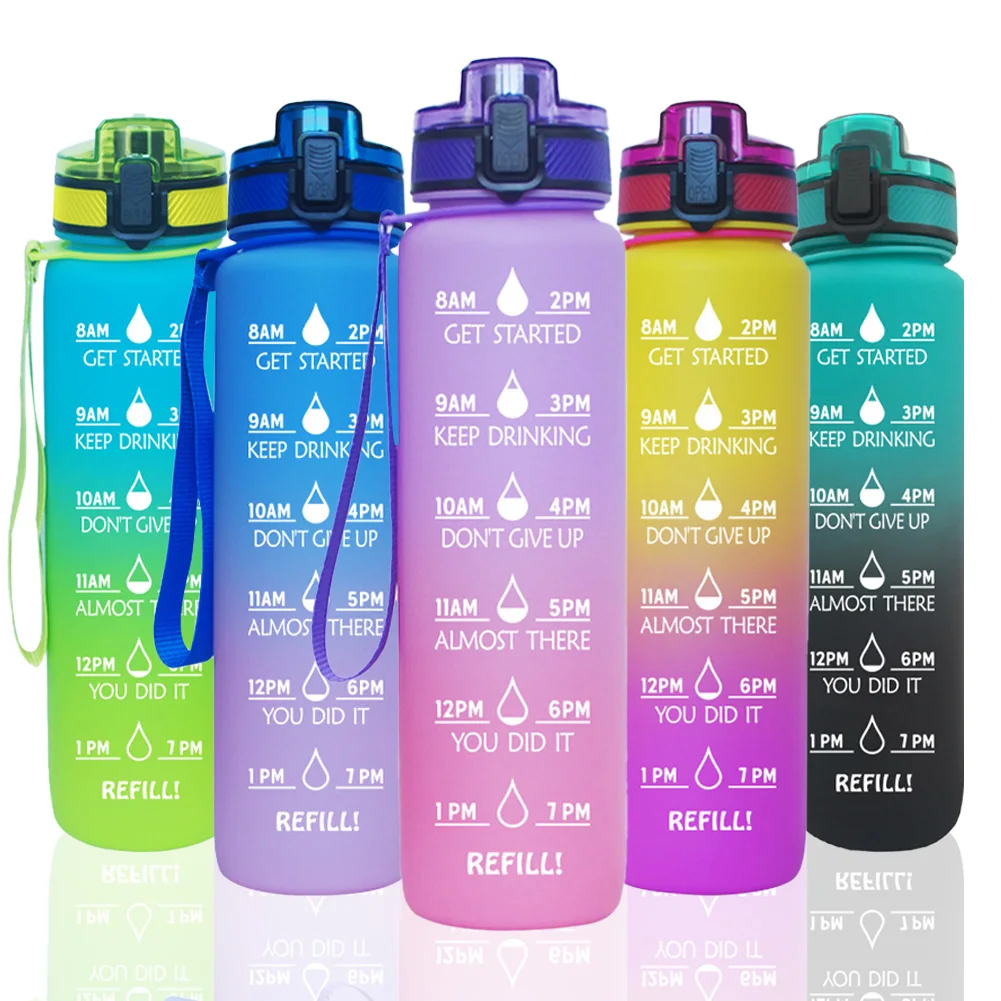 

Portable Water Bottle 1000ML Plastic Leakproof Cup with Time Scale Training Drink Bottles Outdoor Sports Fitness Anti-fall Jug