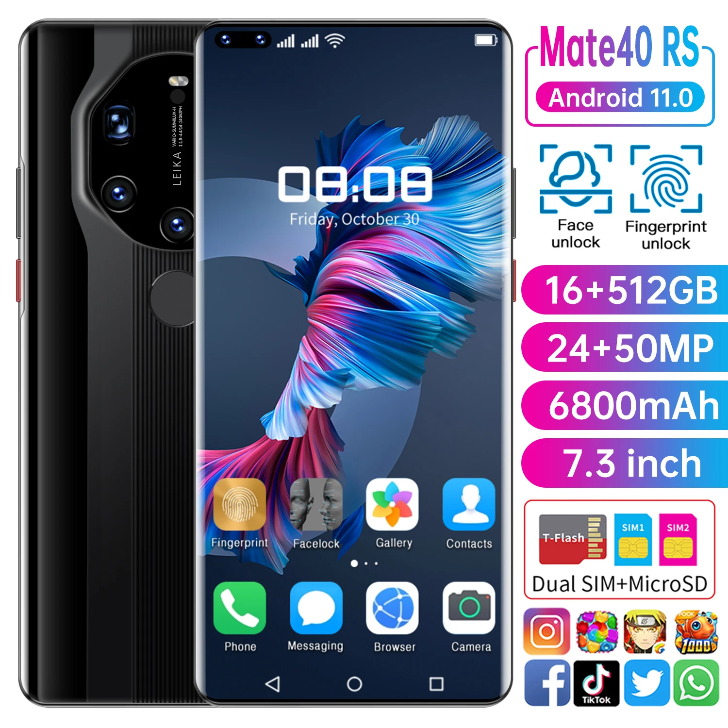 

Global Version Mate40 RS 7.3'' 10Core Smartphone 6800mAh 16+512G 5G Networkphone with Face\Fingerprint ID Full Screen Cellphone