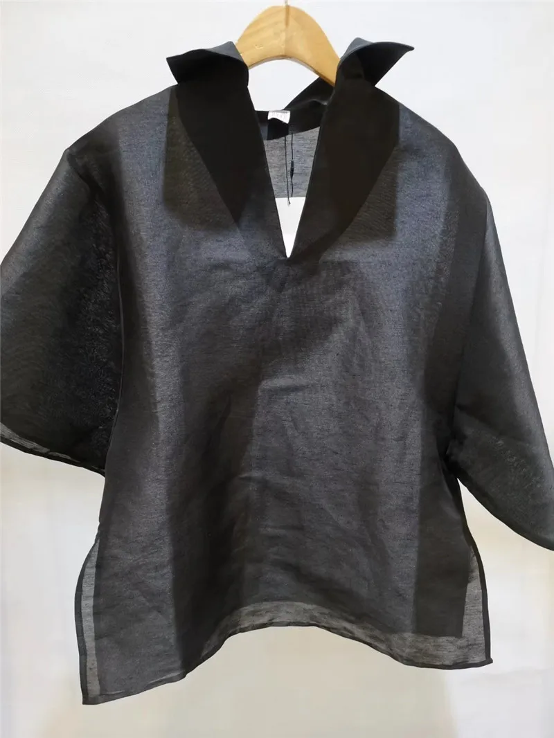 

High Quality Linen Silk Oversized Black Women Tops 2021 Summer New V-neck High Collar Wide Sleeves Side Slits Fashion TOPS