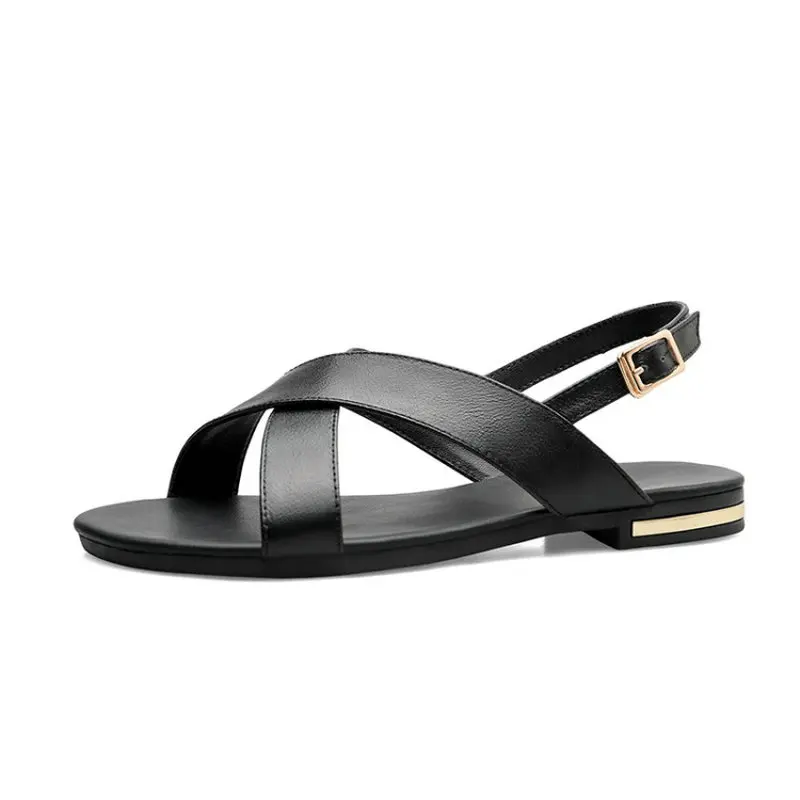 ZawsThia 2020 Summer Genuine Leather Cross Strap Slingback Sandals Woman Caual Flats Shoes Black Women Big Size 44 45 46 | Обувь