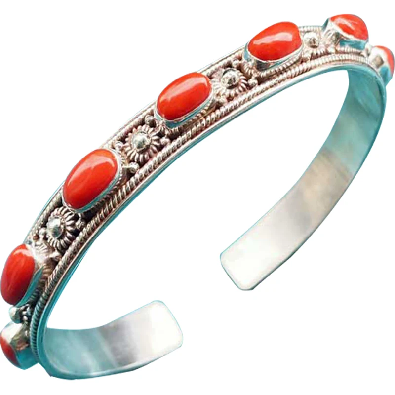 

Nepal Handmade Ornament Silver Turquoise Gemstone Bracelet Opening Bracelet Retro Creative Personality Tibetan Ethnic Style