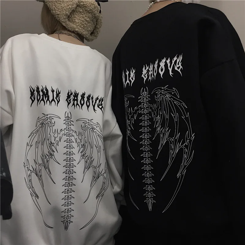 

WeiYao Dark Style Goth Couple Hip Hop Harajuku Tops Lover Skull Wing Evil Flame Print Hoodies Streetwear Sweatshirts Oversize