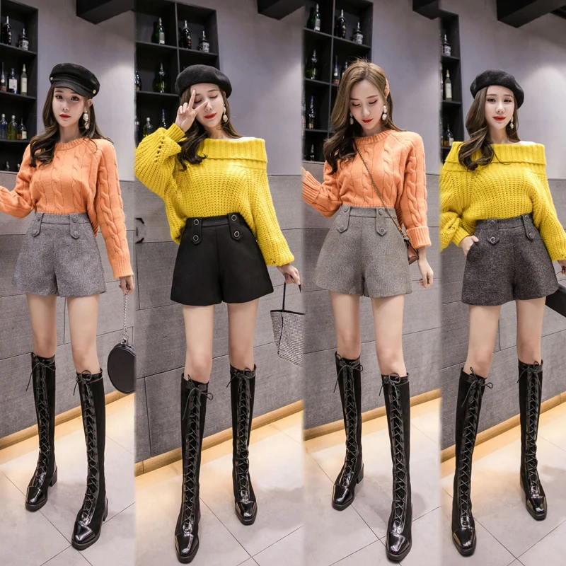 

Vintage woolen shorts for women autumn winter high waist wide leg shorts women buttons a-line femme shorts plus size bottoms