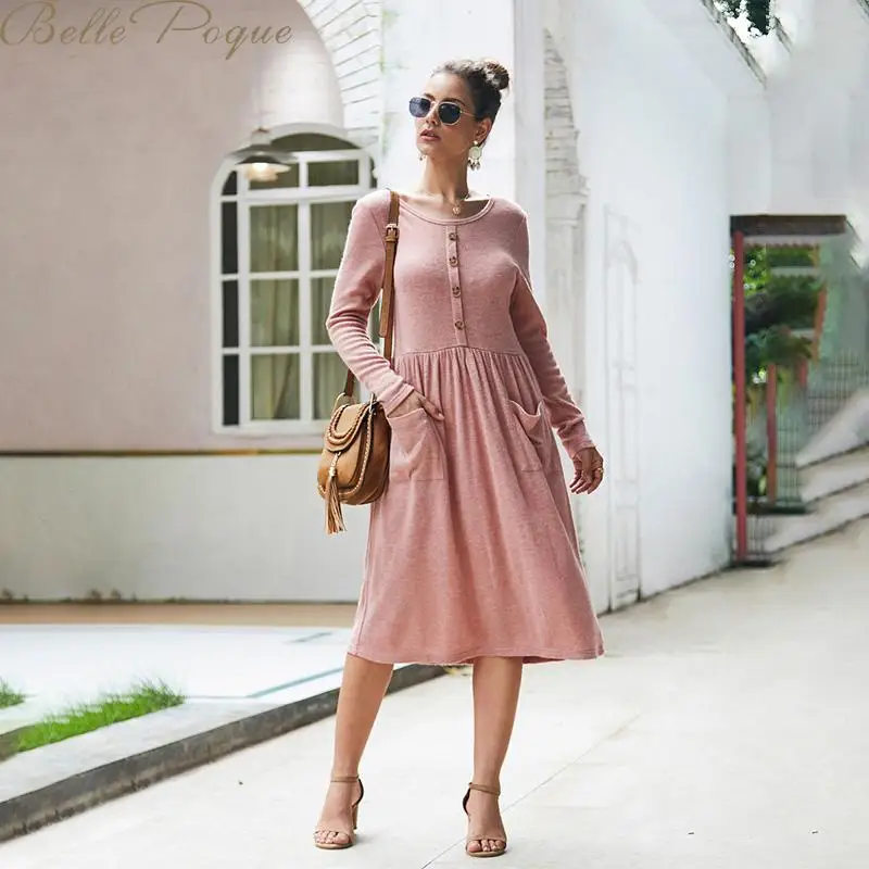 Belle Poque повседневные платья пуговица длинный рукав о образный вырез платье 2019