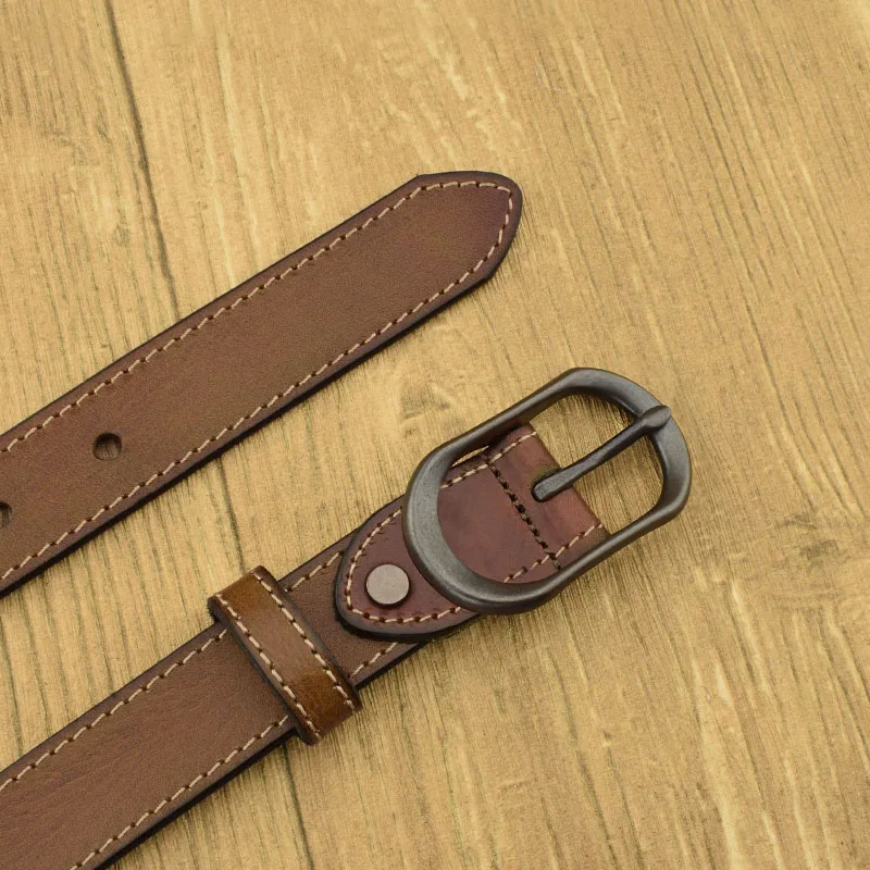 brown Men's belt, trend men's fine belt, men's leather needle buckle belt, youth trend retro head leather belt