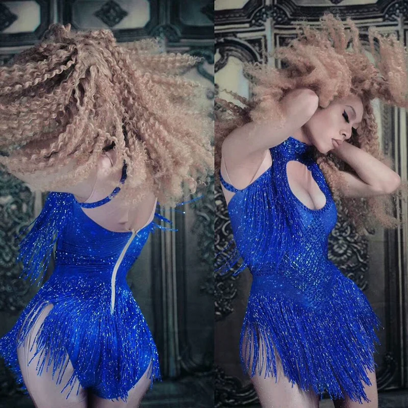 green red Sparkly Rhinestone Tassel Bodysuit Nightclub Dance Wear DJ Show Stage Wear Stretch Outfit Female Singer Dancer Costume