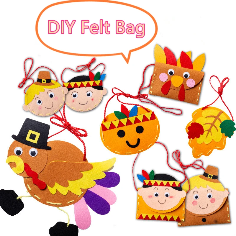 

DIY Felt Cute Cartoon Kids Bag Handmade Felt Ornaments Primitive Man&Turkey Christmas Style handbag Craft Kits For Children Gift