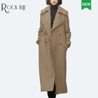 2021 winter new tweed plaid coat womens middle long knee loose wool coat