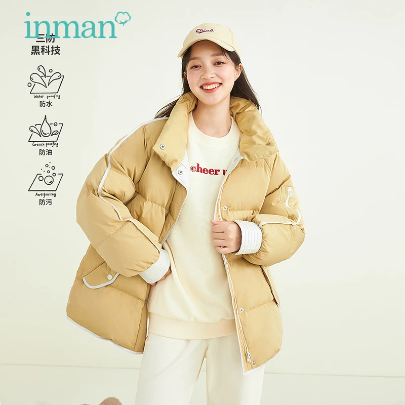 

INMAN Women's Down Jacket Winter Casual Minimalist Stand Collar Windproof Keep Warm Loose White Duck-down Thick Coat