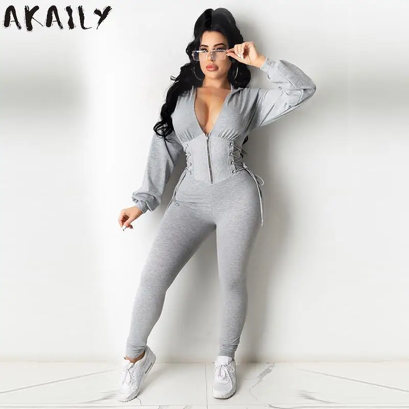 

Akaily Autumn Streetwear Gray Long Sleeve Jumpsuit Women One Piece FitnessOutfits Black V Neck Zipper Bandage Bodycon Jumpsuit