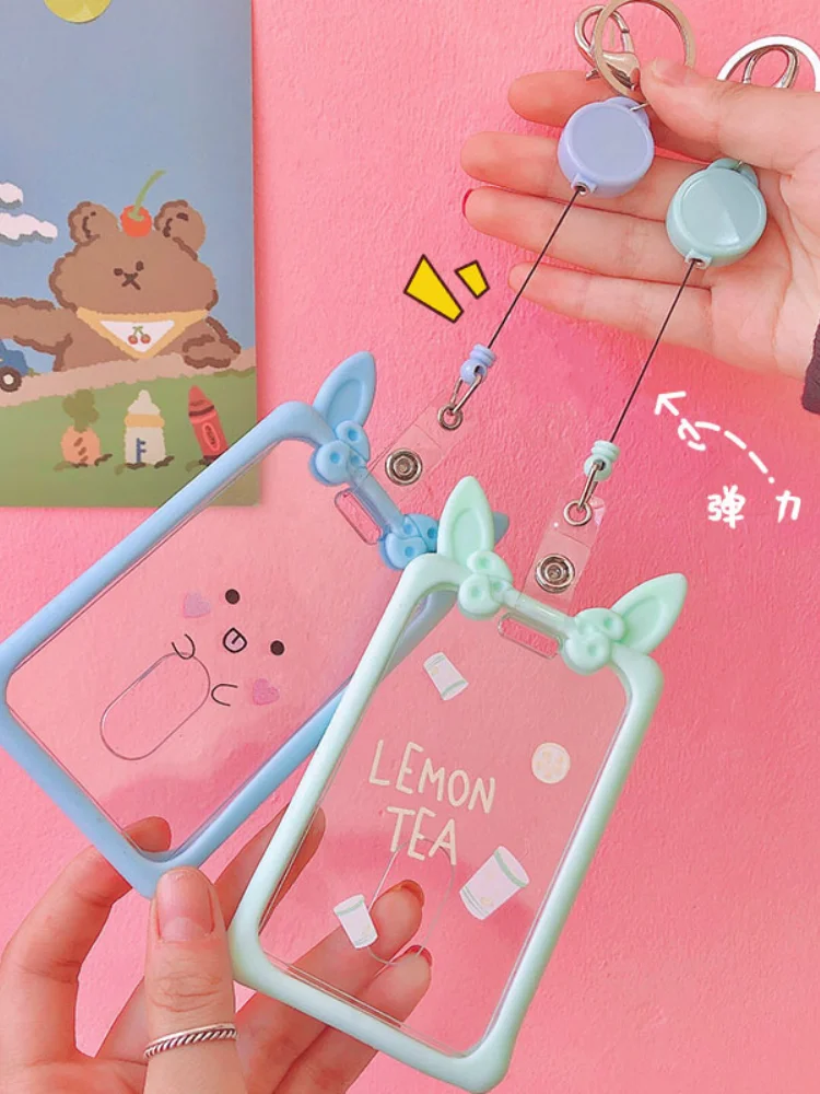 Cute Ear Transparent Retractable Card Holder Silicone Case Girl Student Clear ID Pass Cover Keychain Women Badge | Багаж и сумки