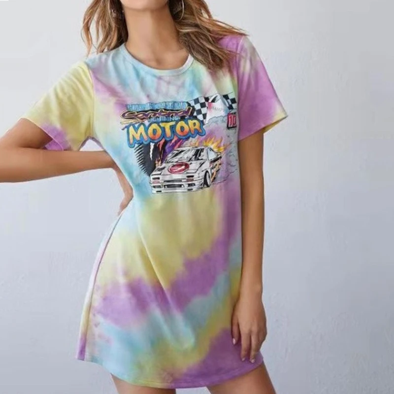 

Tie Dye Vintage Car Letter Printing Graphic Tees Women Fashion Tops Short Sleeve Casual Tshirt Summer Streetwear Woman Tshirts