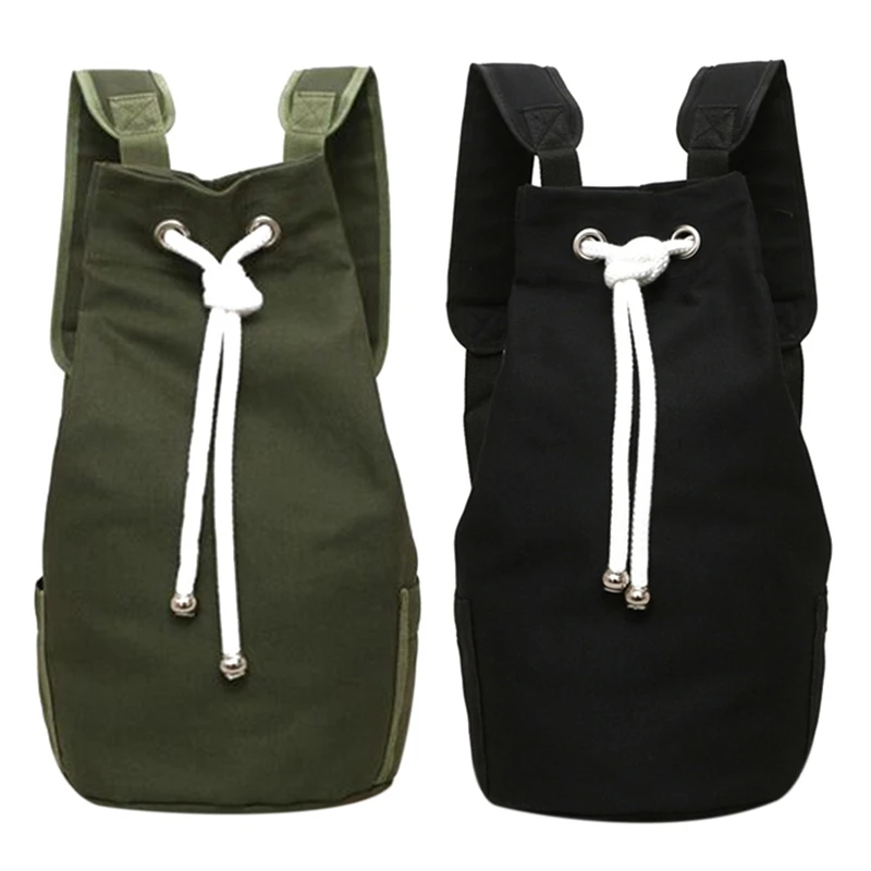 

2X Casual Men Canvas Large Capacity Barrel Backpack Travel Rucksack Pack Teenager School Bag(Army Green&Black)