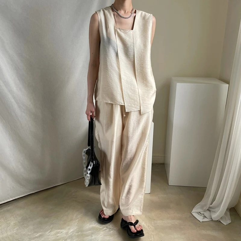 

Korejpaa Women Sets 2021 Summer Korean Temperament Square Collar Loose Thin Irregular Vest Shirt High Waist Casual Wide Leg Pant
